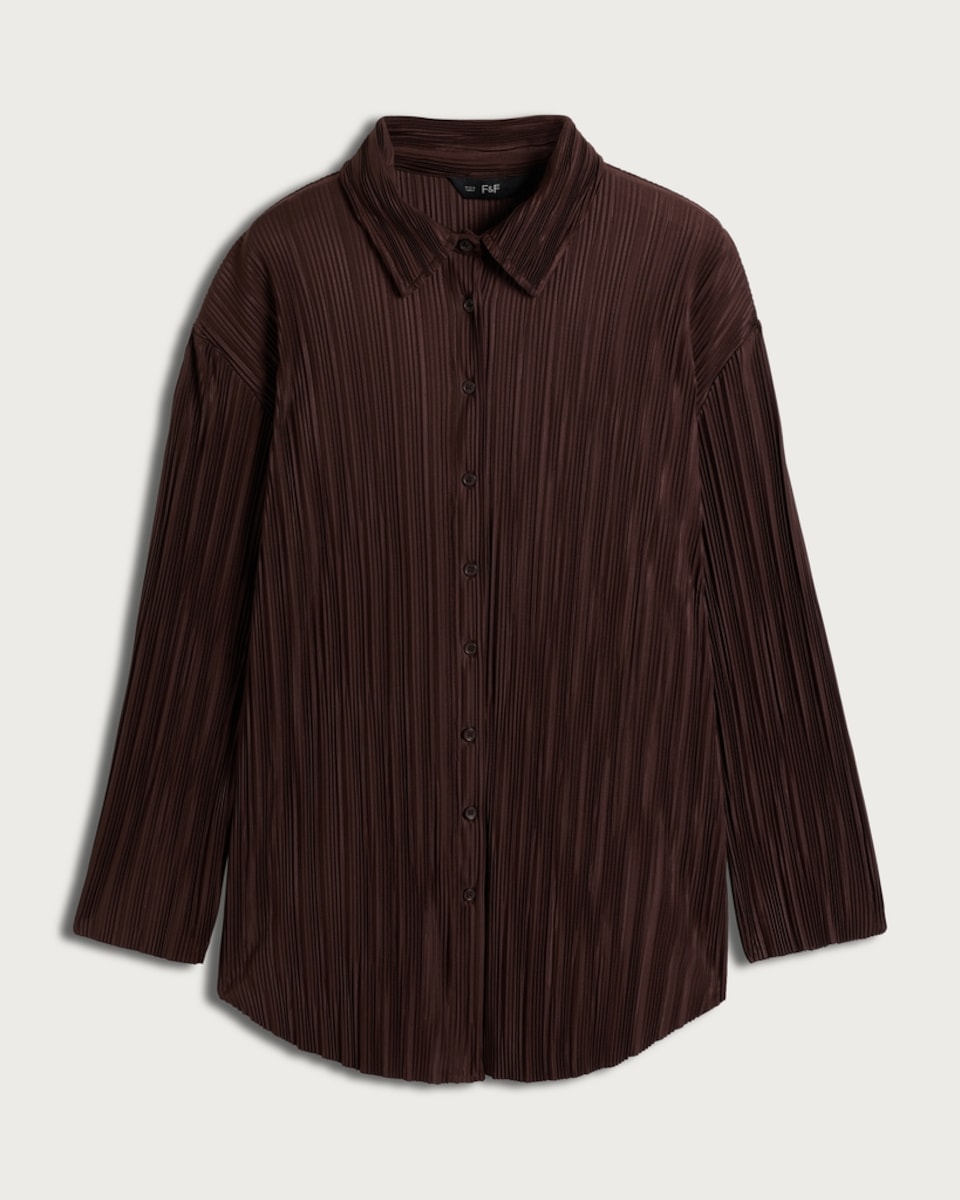 image 1 of F&F Plisse Pleated Button Up Shirt in Chocolate
