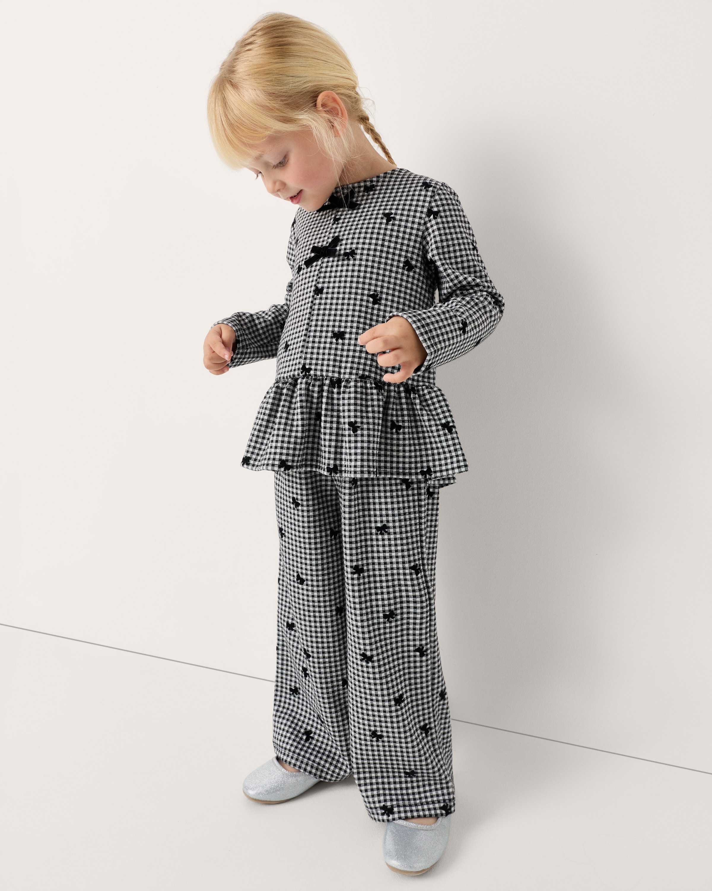 F&F Girls Check Bow Top and Trousers Set in Black