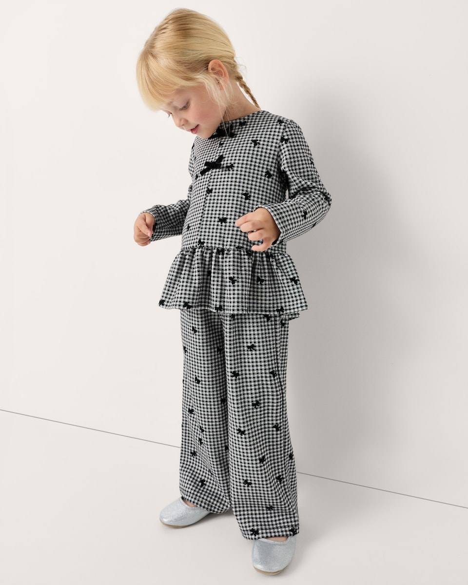image 1 of F&F Girls Check Bow Top and Trousers Set in Black