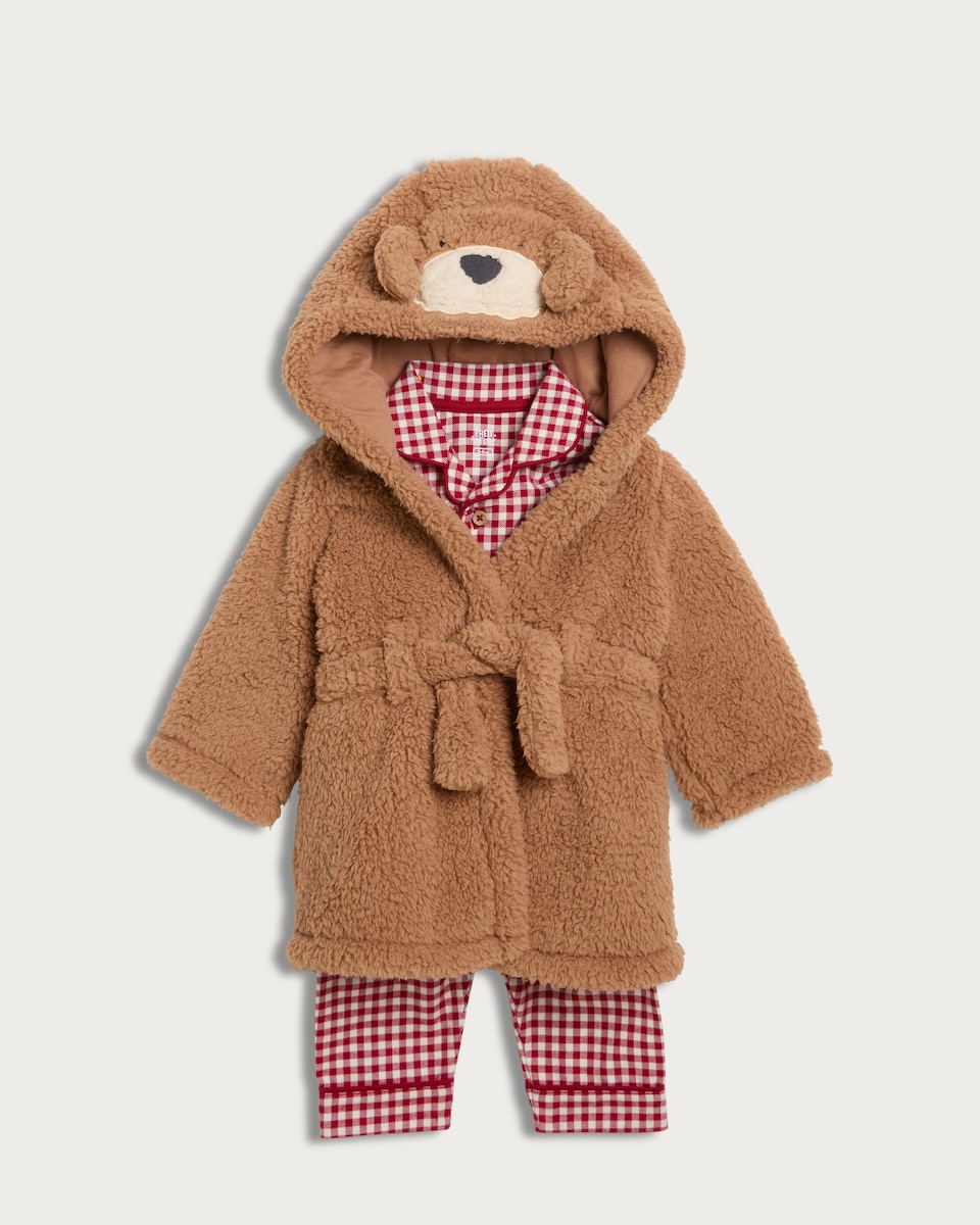 image 1 of F&F Curtis The Dog Baby 3-Piece Hooded Dressing Gown and Pyjamas Set in Brown