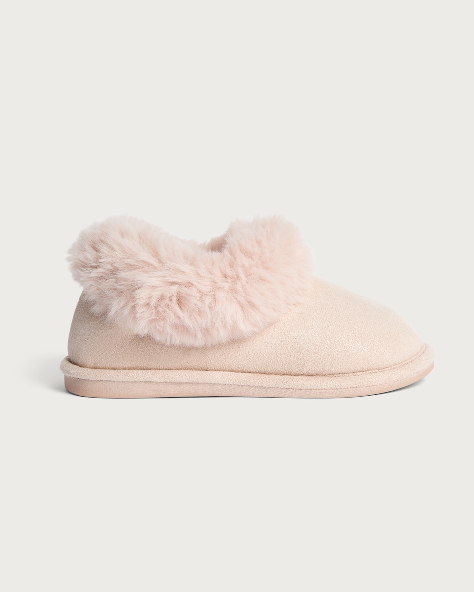 image 1 of F&F Girls Faux Fur Trim Slippers in Pink