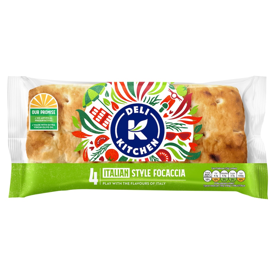 Deli Kitchen Sliced Focaccia Flatbreads 4 Pack 300g