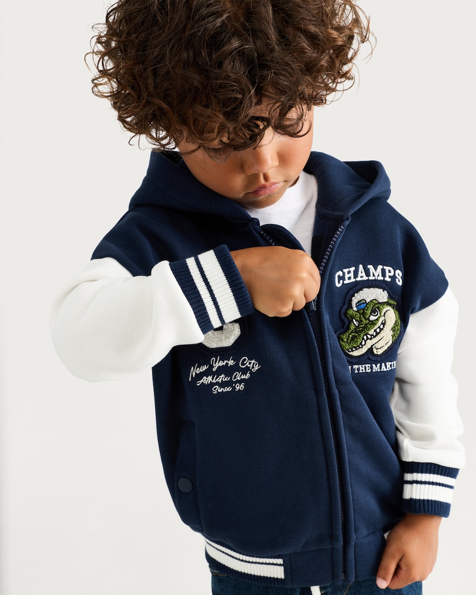 image 1 of F&F Boys Cotton Rich Champs Crocodile Bomber Jacket in Navy