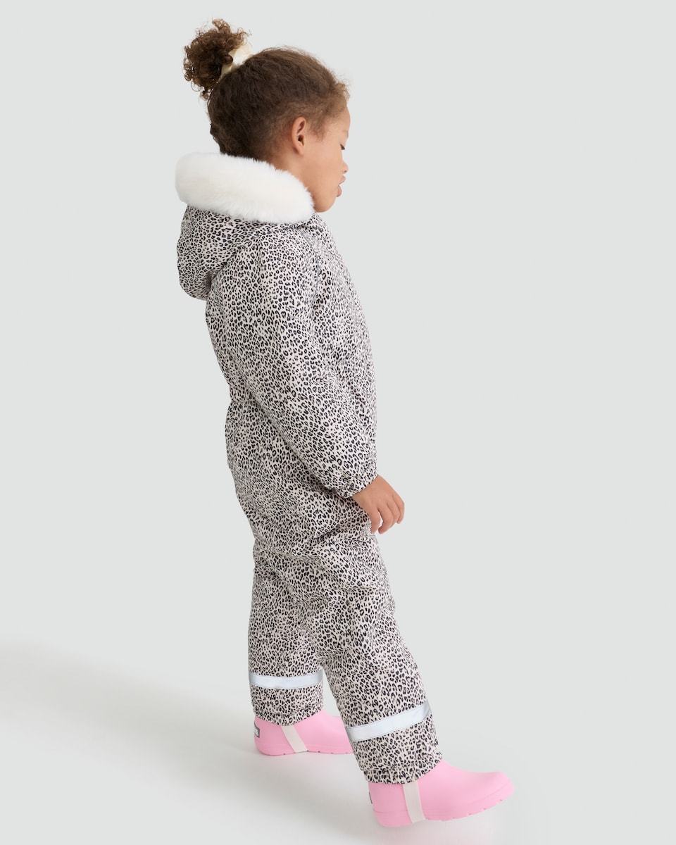 image 1 of F&F Girls Leopard Print Faux Fur Hooded Waterproof Snowsuit in Multi Brown