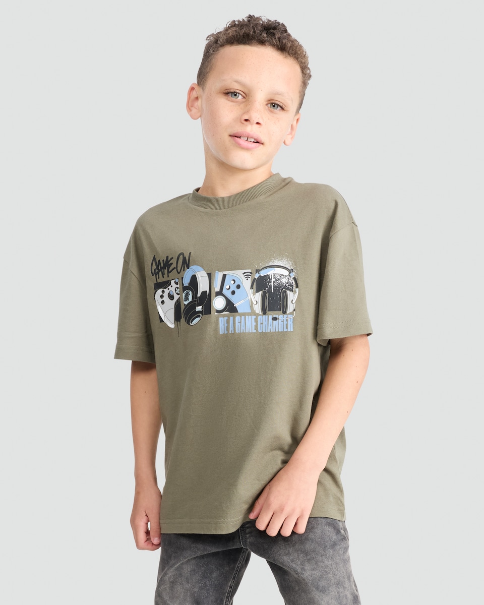 image 1 of F&F Boys Pure Cotton Slogan Short Sleeved T-Shirt in Khaki