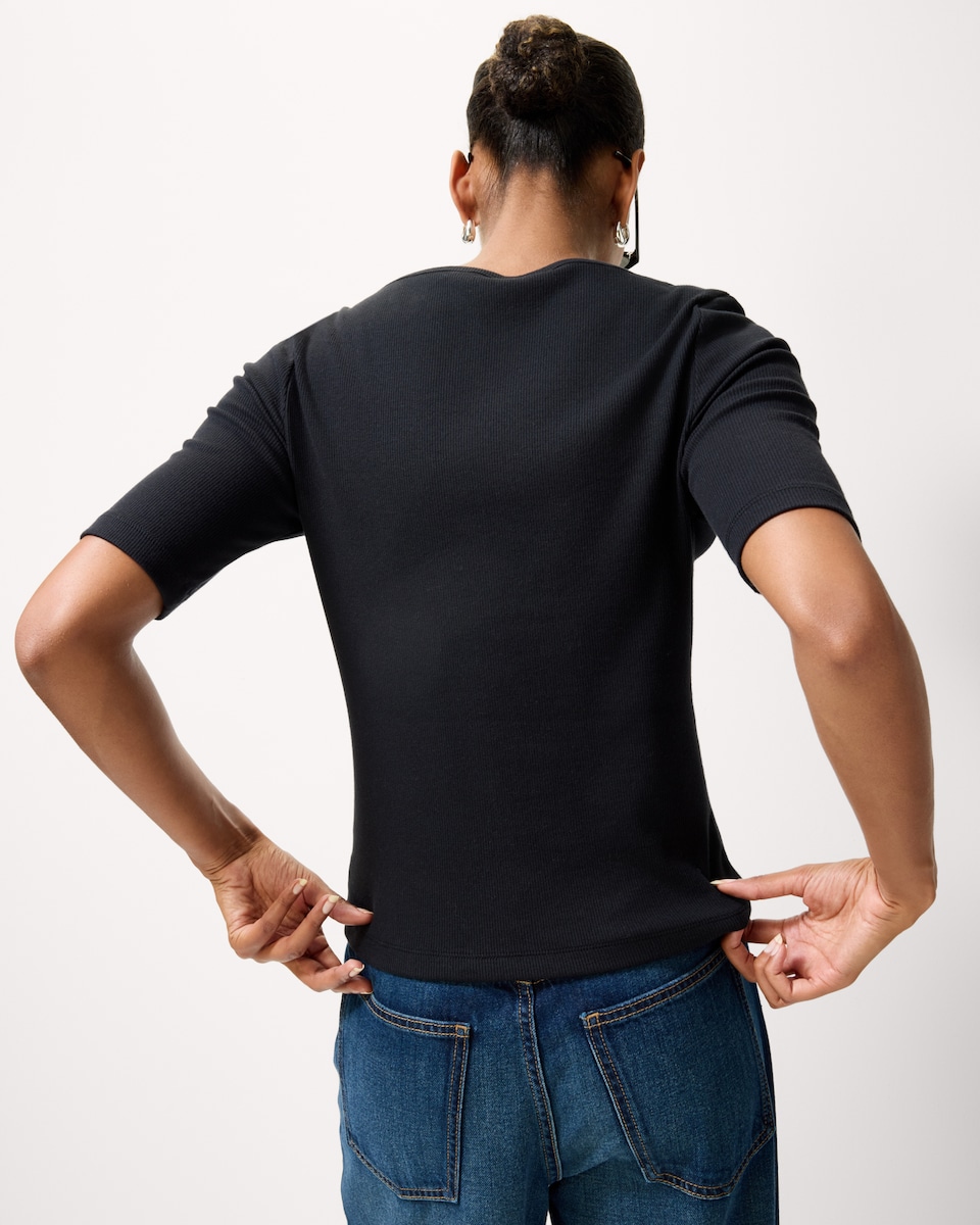 image 1 of F&F Cotton Rich Boat Neck Top in Black