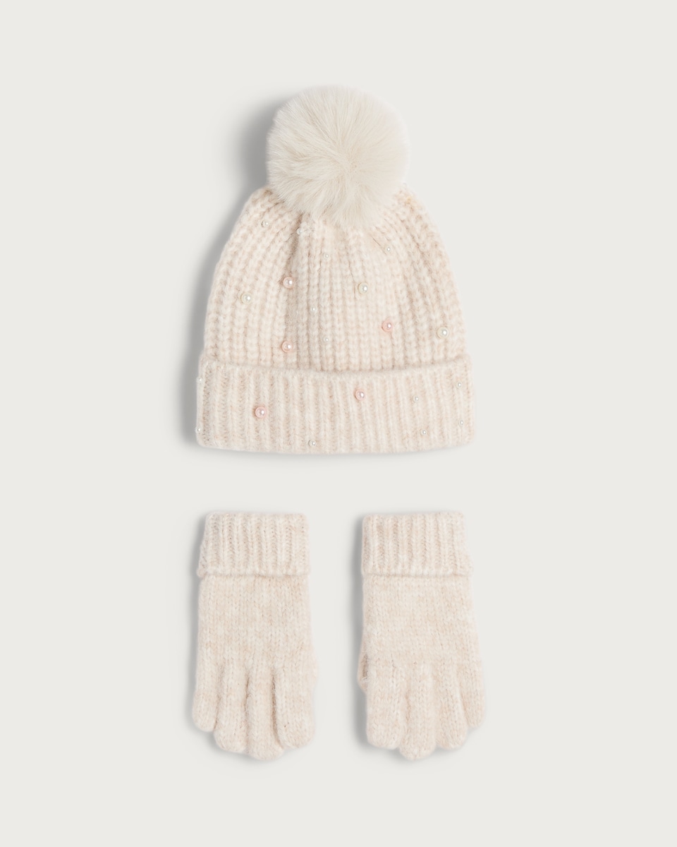 image 1 of F&F Girls 3-Piece Knitted Faux Pearl Beanie, Gloves and Snood Set in Neutral