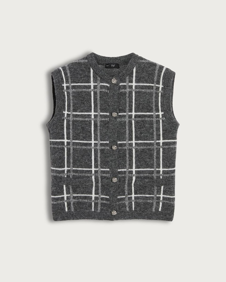 image 1 of F&F Knitted Check Print Button Up Vest with Wool in Grey