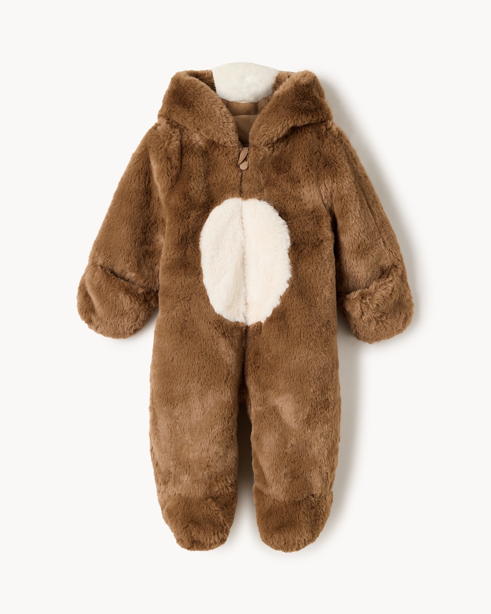image 1 of F&F Baby Faux Fur Bear Hooded Pramsuit in Brown