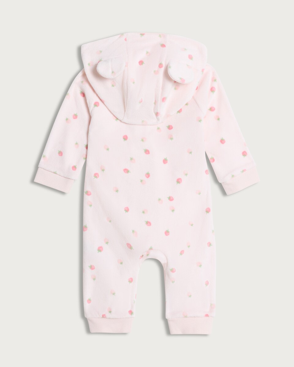 image 1 of F&F Baby Cotton Rich Hooded Strawberry Print Sleepsuit in Pink