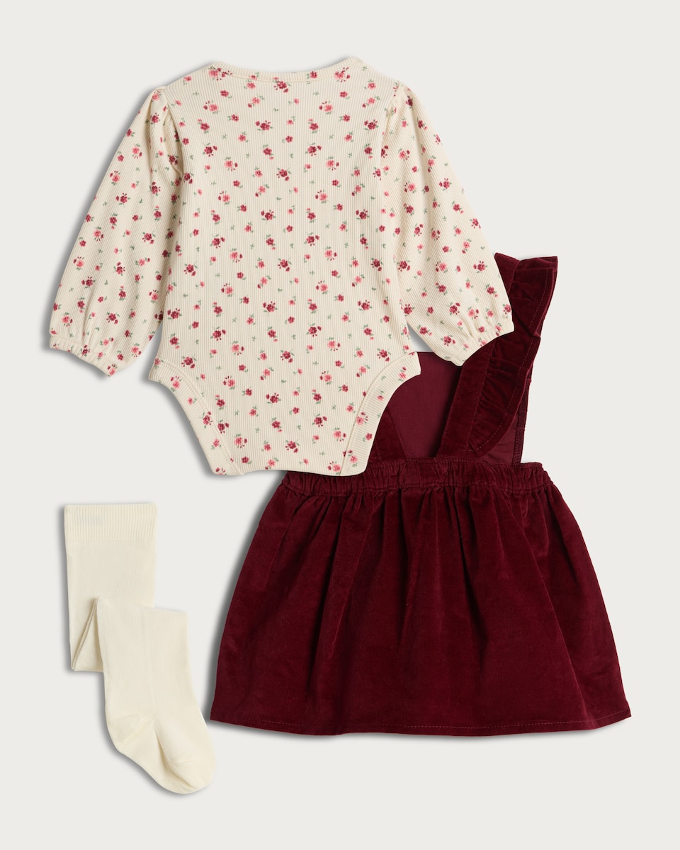 image 1 of F&F Baby 3-Piece Embroidered Corduroy Pinny, Floral Bodysuit and Tights Set in Burgundy