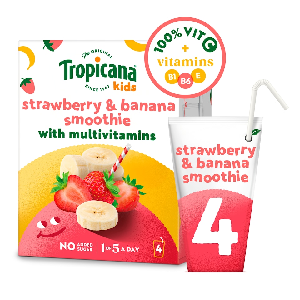 image 1 of Tropicana Kids Smoothies - Strawberry & Banana 4 x 150ml