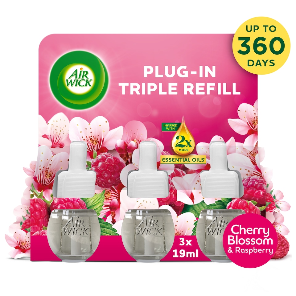 Airwick Air Freshener Plug In Triple Refill Cherry Blossom & Raspberry 3x19ml