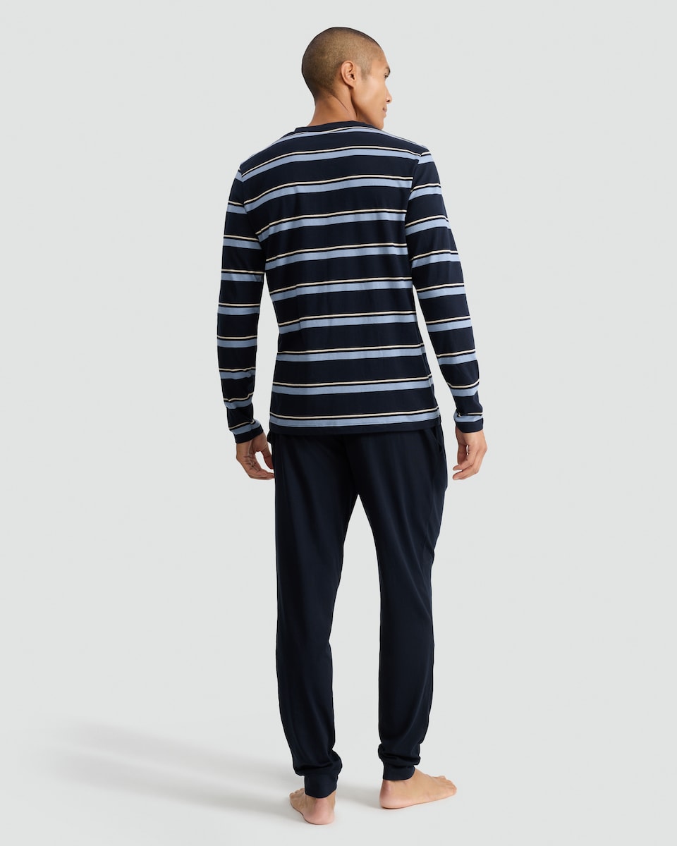 image 1 of F&F Pure Cotton Stripe Print Henley Top and Joggers Pyjamas in Navy