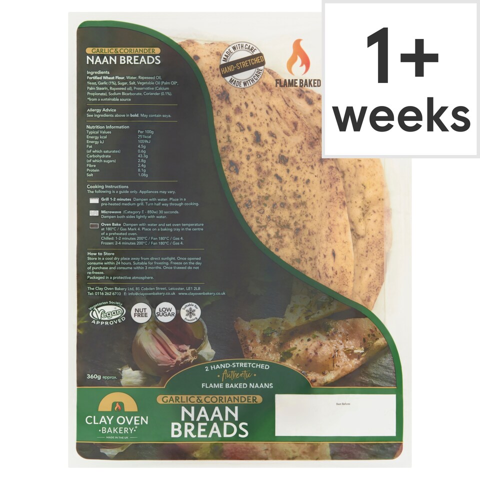 Clay Oven Bakery Hand Stretched Garlic & Coriander Naan Bread 2 Pack 360g