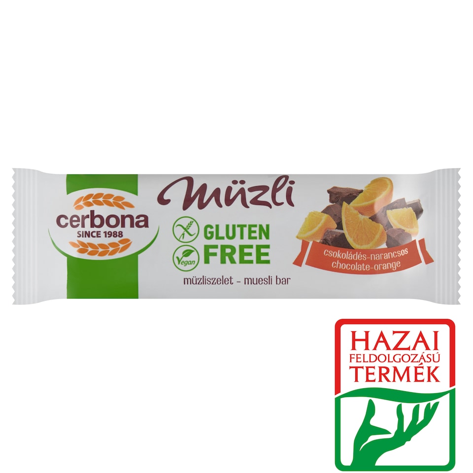 Cerbona gluténmentes csokoládés-narancsos müzliszelet kakaós bevonó talppal 35 g  1. kép