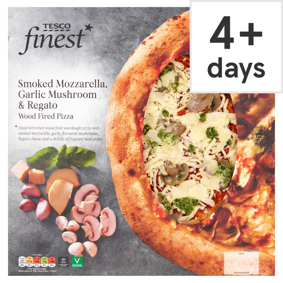 TESCO FINEST SMOKED MOZZARELLA, GARLIC MUSHROOM & REGATO WOOD FIRED PIZZA 504G