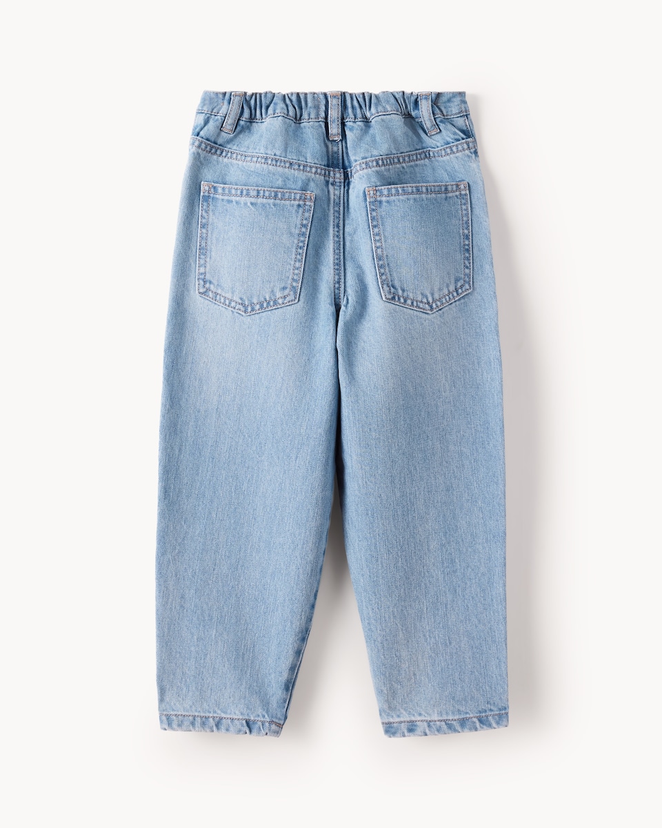 image 1 of F&F Girls Pure Cotton Embroidered Bow Barrel Leg Jeans in Blue