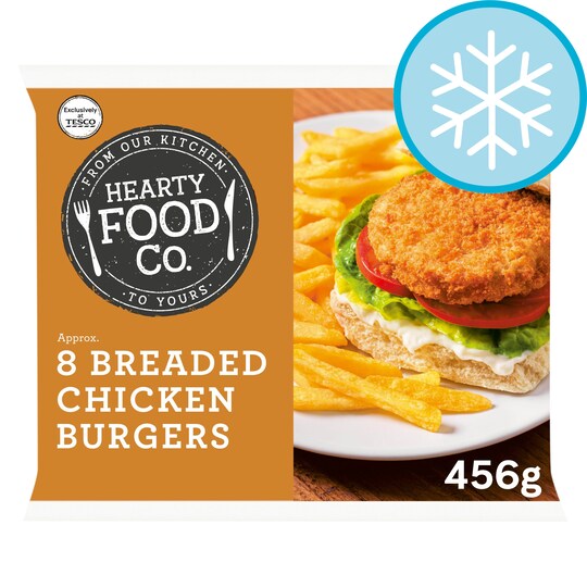 Hearty Food Co 8 Breaded Chicken Burgers 456G Tesco Groceries