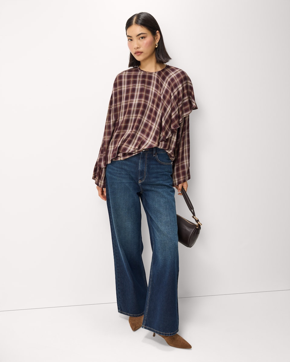 image 1 of F&F Checked Cape Detail Blouse in Burgundy