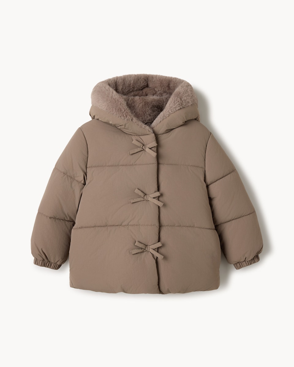 image 1 of F&F Girls Faux Fur Lined Puffer Jacket in Brown
