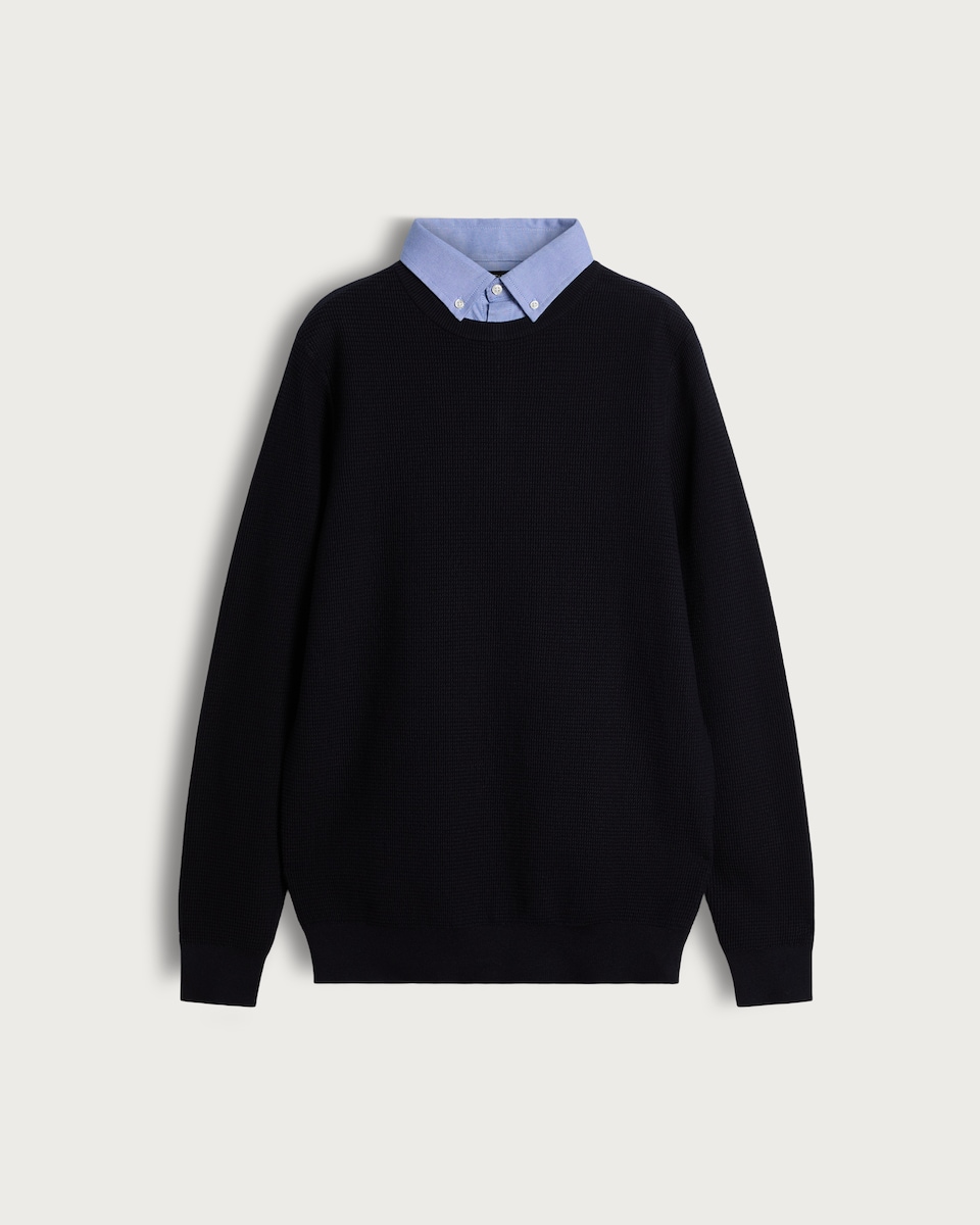 image 1 of F&F Pure Cotton Textured Integral Collar Jumper in Navy