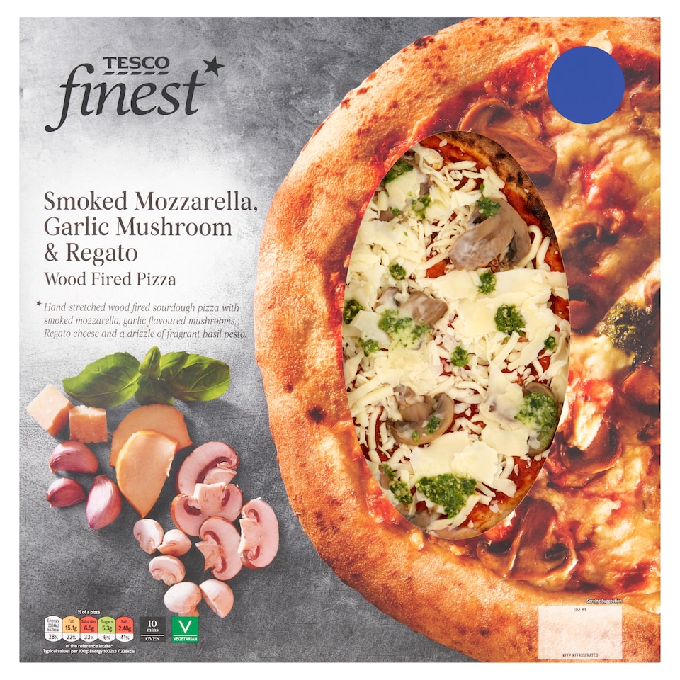 TESCO FINEST SMOKED MOZZARELLA, GARLIC MUSHROOM & REGATO WOOD FIRED PIZZA 504G