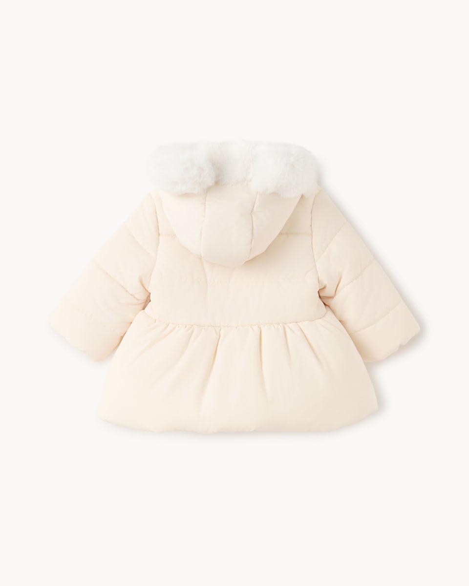 image 1 of F&F Baby Hooded Peplum Puffer Jacket in Cream
