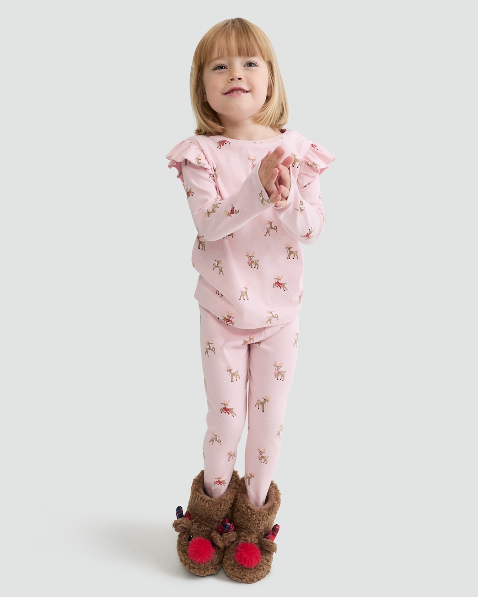 image 1 of F&F Girls Cotton Rich Reindeer Print Top and Leggings Pyjamas in Pink