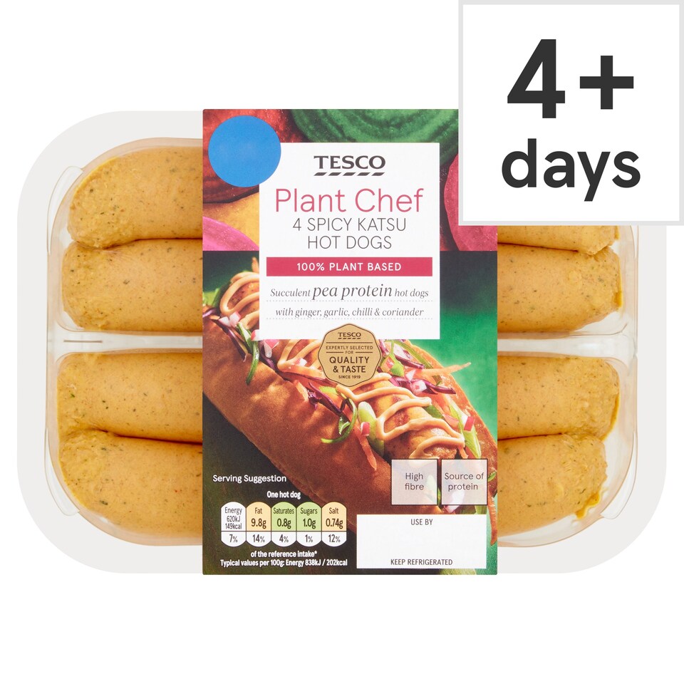 Tesco Plant Chef 4 Spicy Katsu Hot Dogs 320G Tesco Groceries