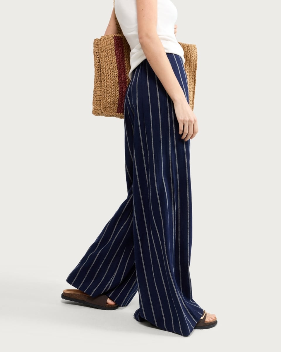 image 1 of The F&F Edit Linen Rich Striped Super Wide Leg Trousers in Navy