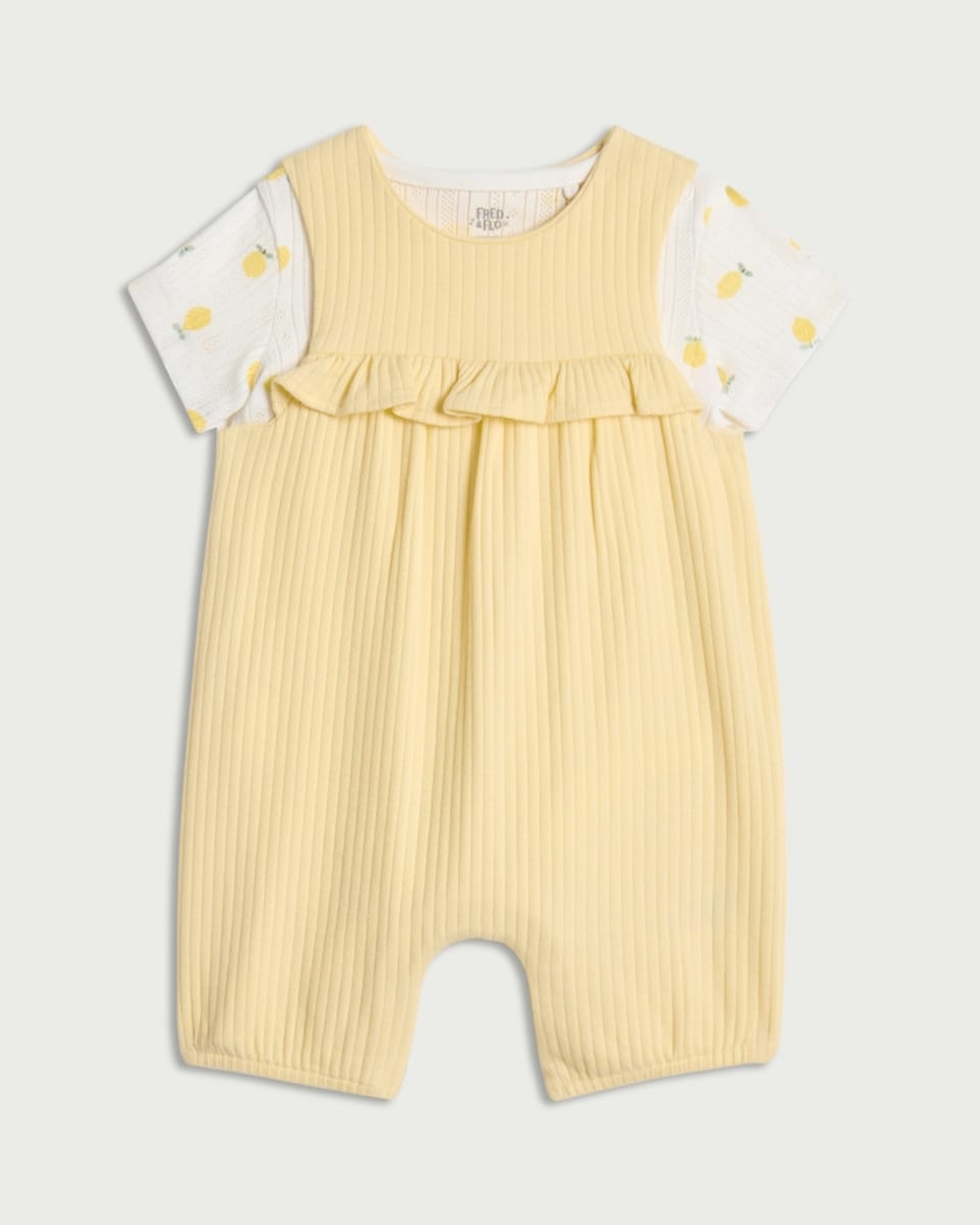 image 1 of F&F Baby 2-Piece Ribbed Dungarees and Bodysuit Set in Yellow