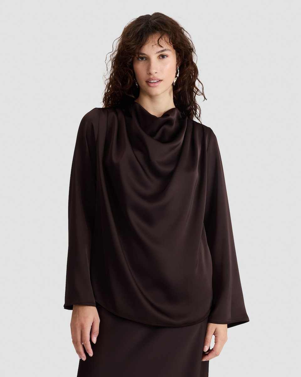 image 1 of F&F Satin Cowl Neck Blouse in Brown