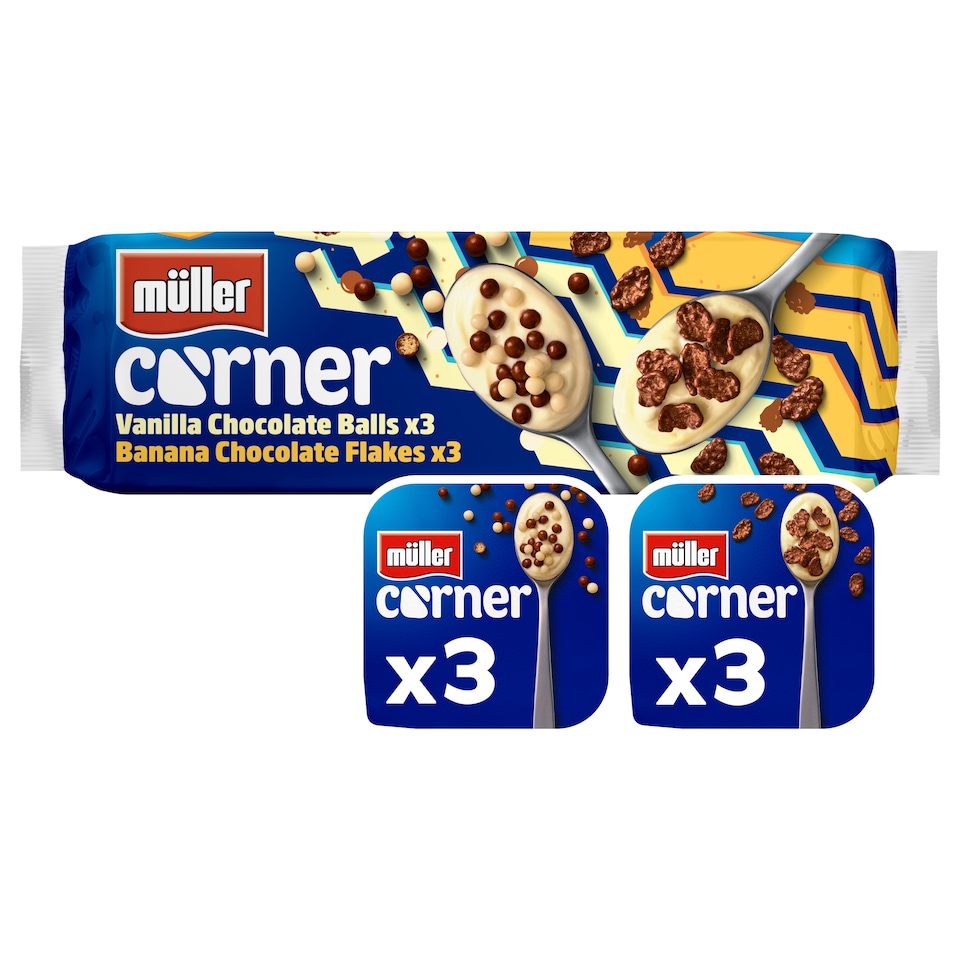 image 1 of Muller Corner Vanilla & Banana Yogurts with Chocolate Balls & Flakes 6 x 124g