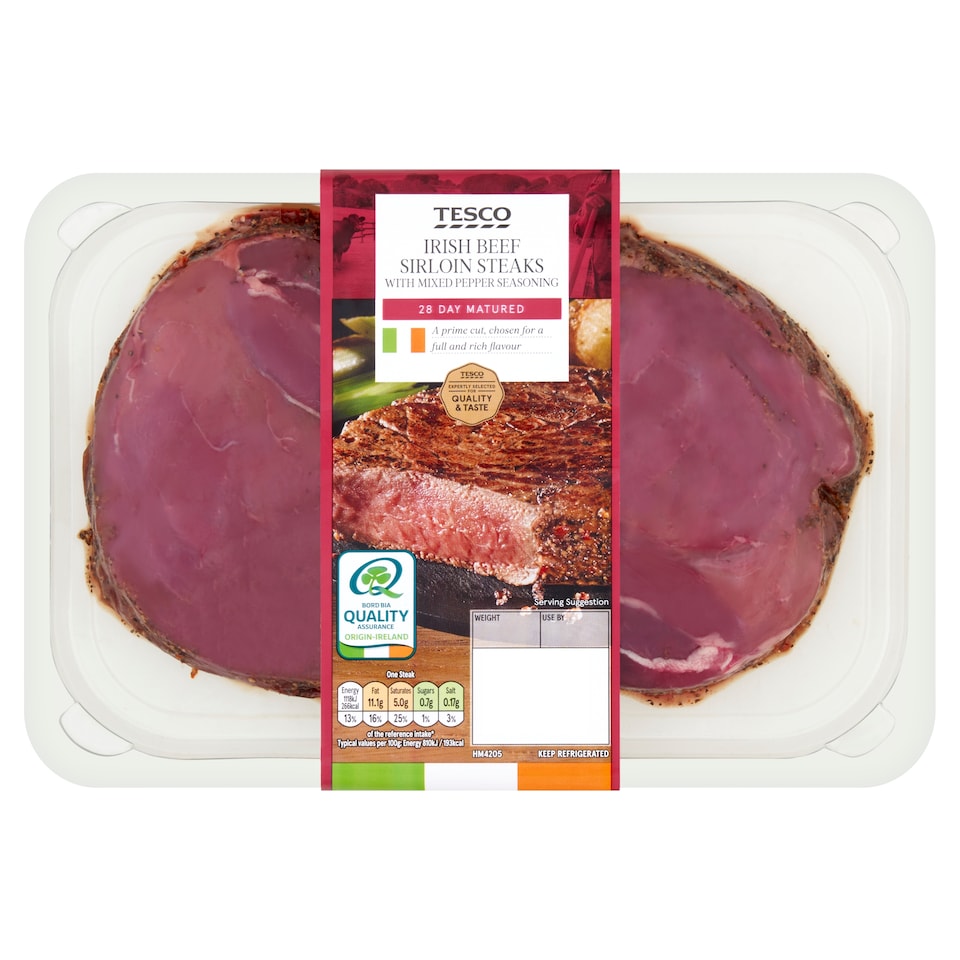 Tesco Irish Sirloin Steaks With Mixed Pepper Ssing 335G