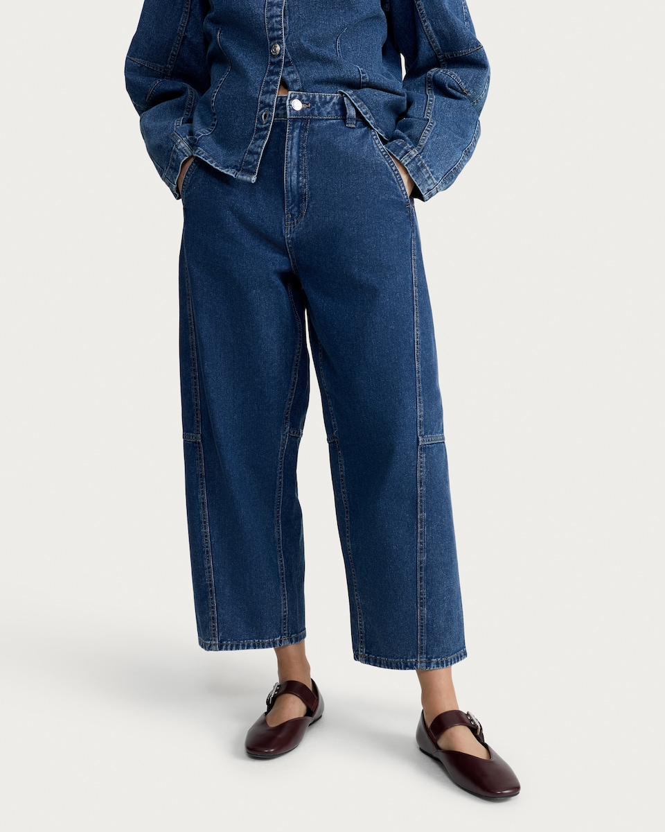 image 1 of The F&F Edit High Rise Seam Detail Barrel Leg Jeans in Blue