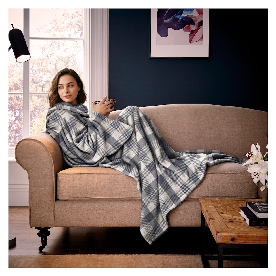 Silentnight Snugsie Teddy Fleece Wearable Blanket Blue Check