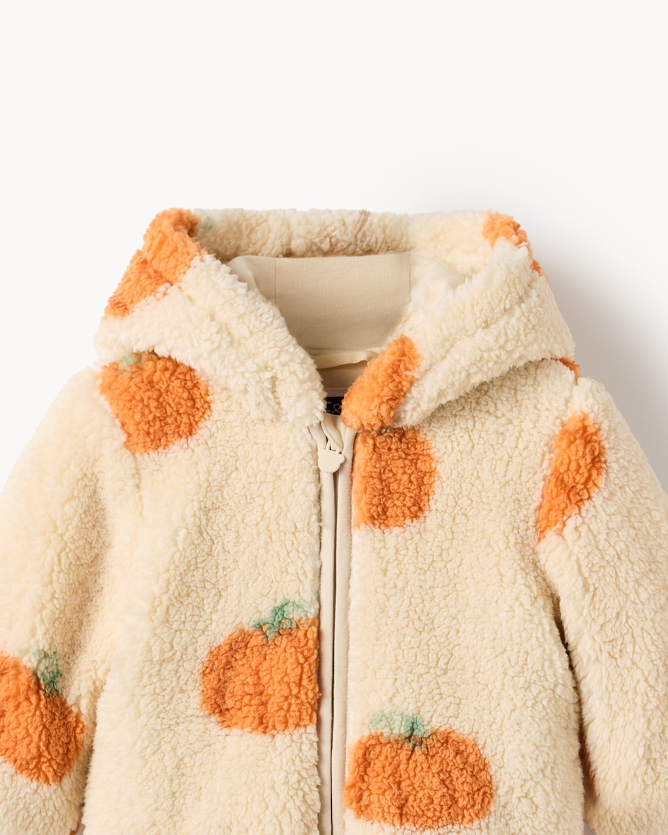 image 1 of F&F Baby Fleece Halloween Pumpkin Jacket in Cream