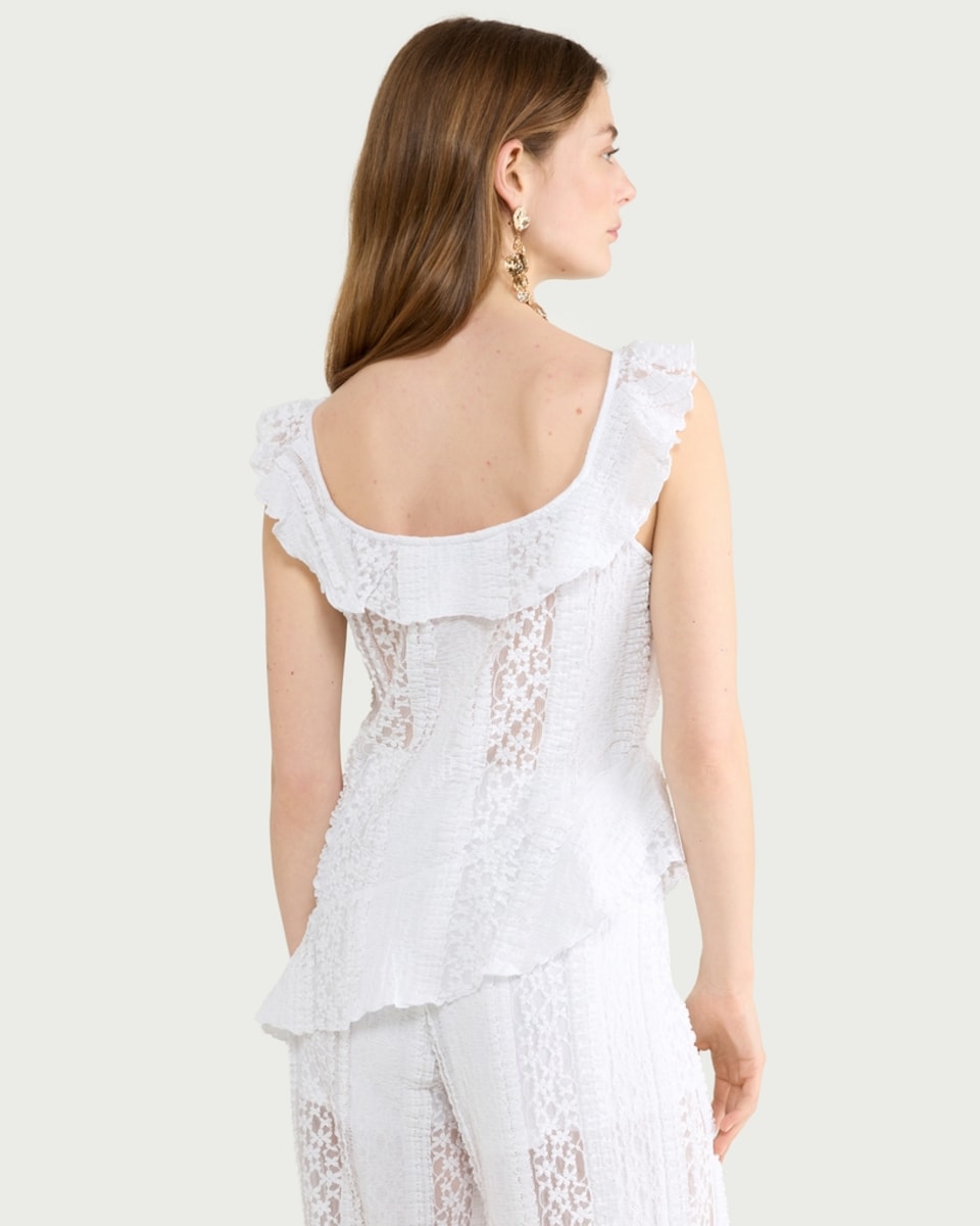 image 1 of F&F Lace Textured Ruffle Trim Asymmetric Co-ord Top in Cream