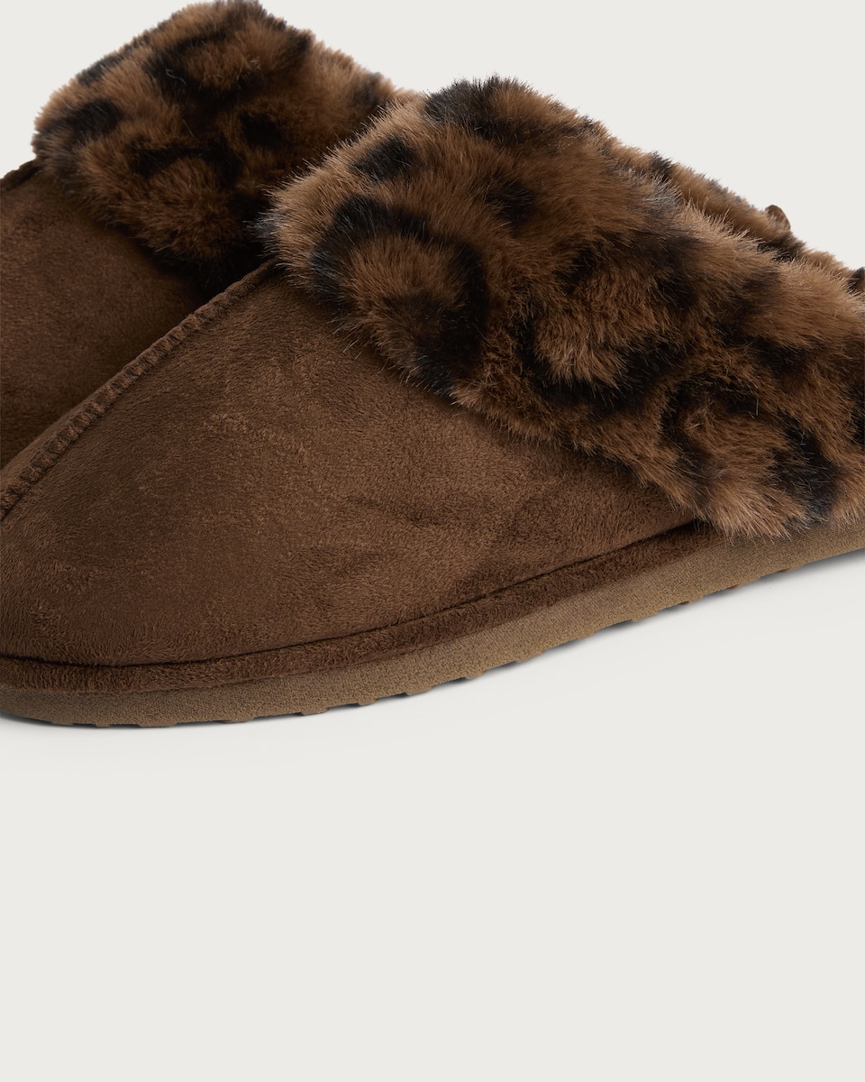 image 1 of F&F Leopard Print Faux Fur Trim Mule Slippers in Brown