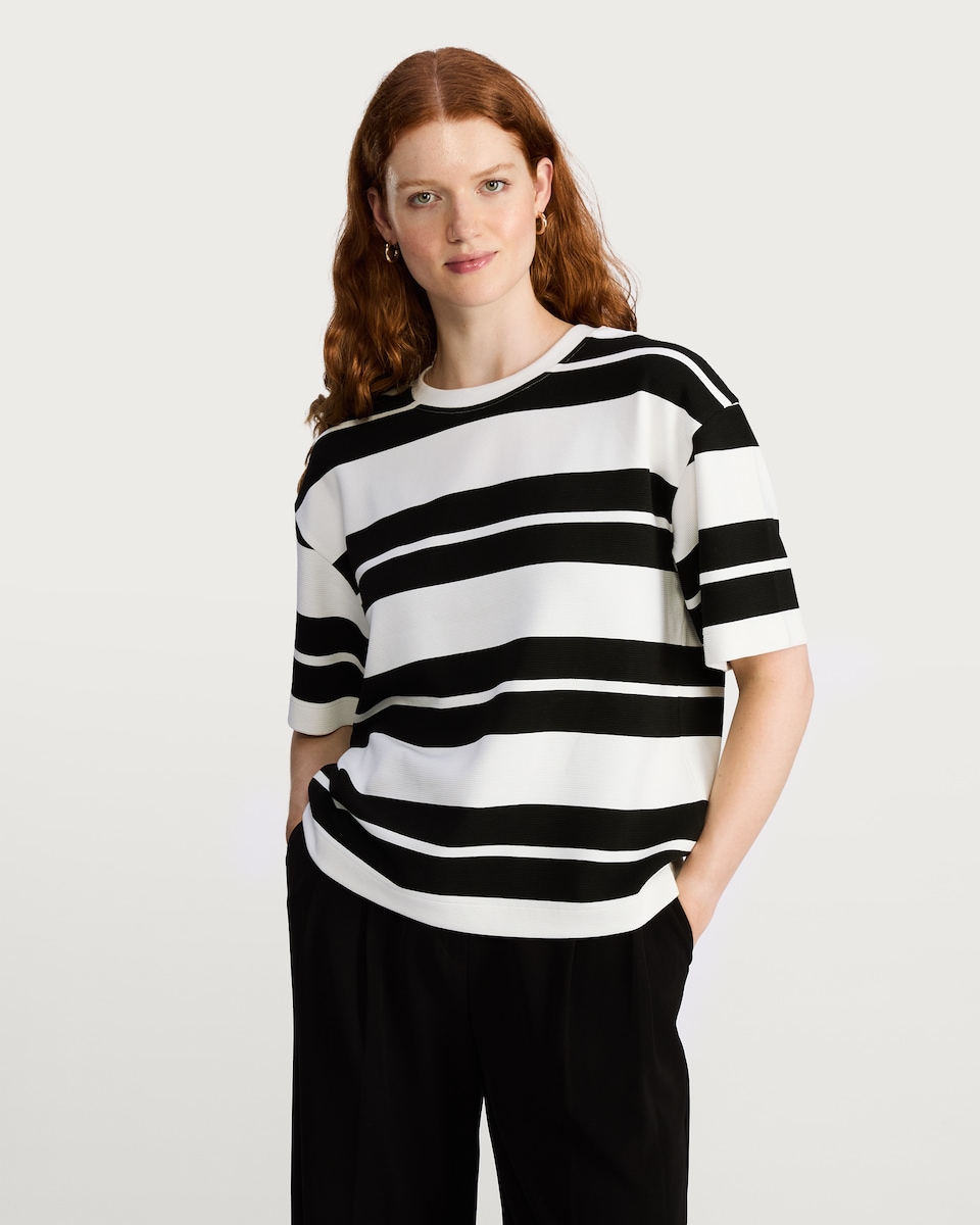 image 1 of F&F Boxy Fit Striped Short Sleeved T-Shirt in Multi Black White