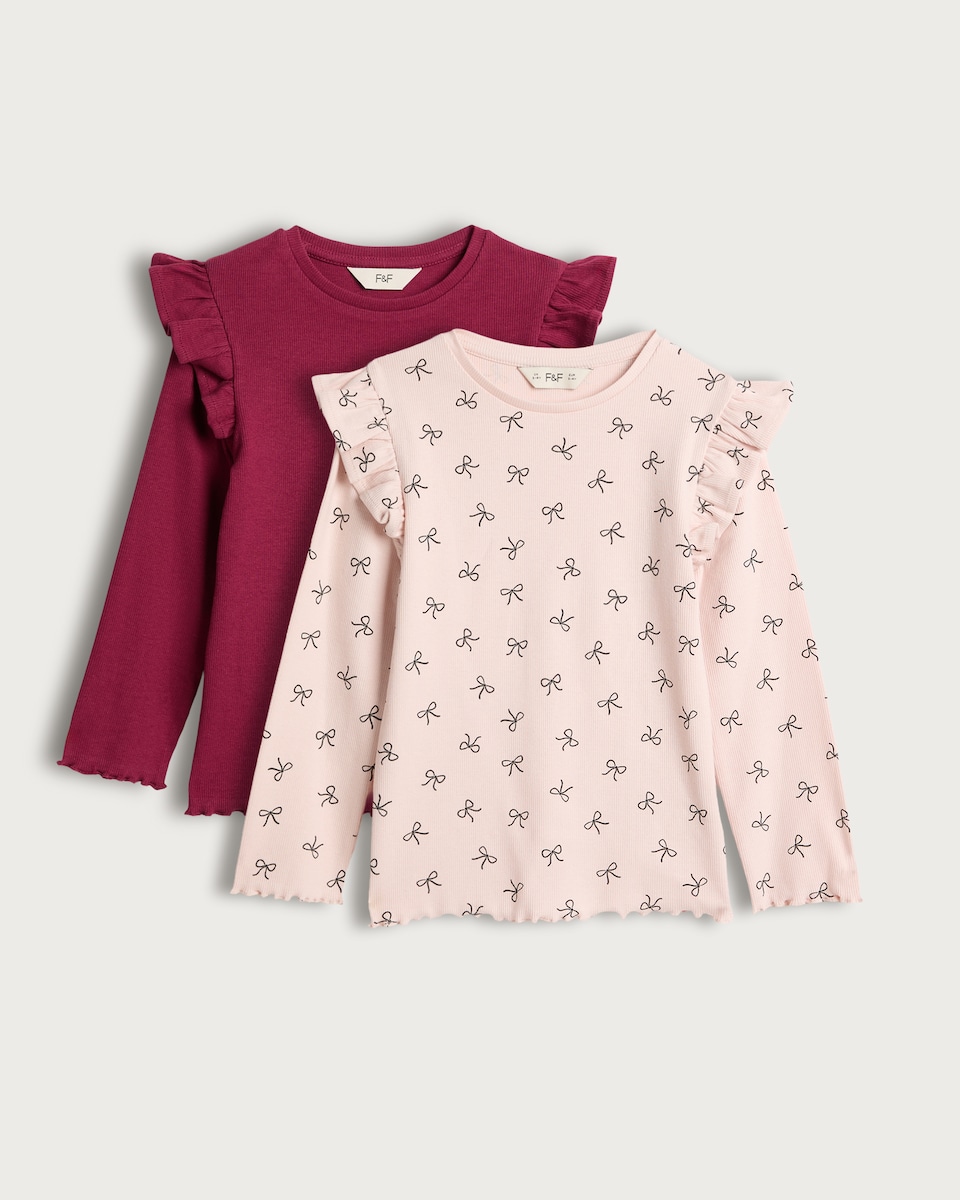F&F Girls 2-Pack Cotton Rich Frill Sleeved Tops in Burgundy
