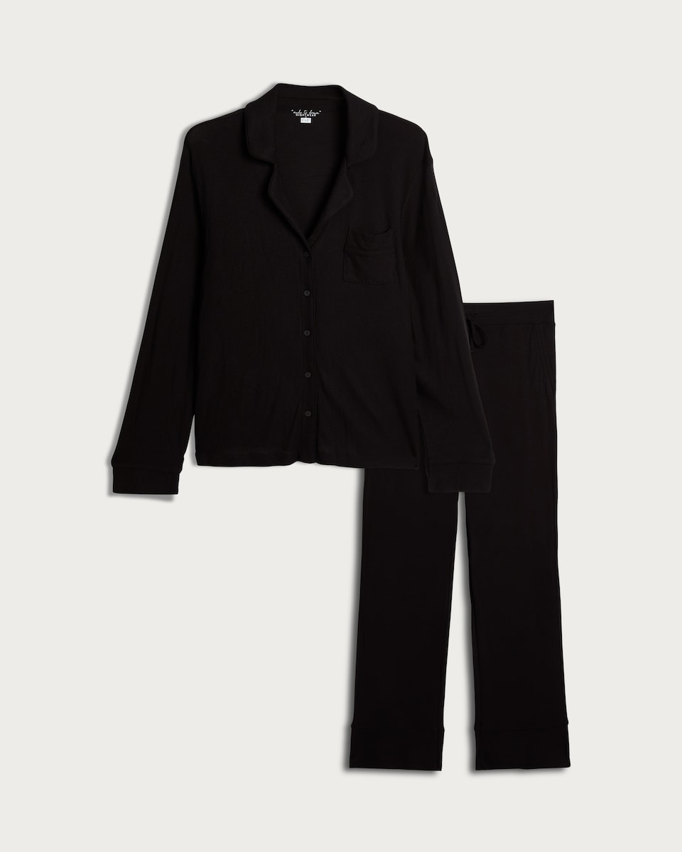image 1 of F&F CoolEase™ Ribbed Button Up Shirt and Trousers Pyjamas in Black