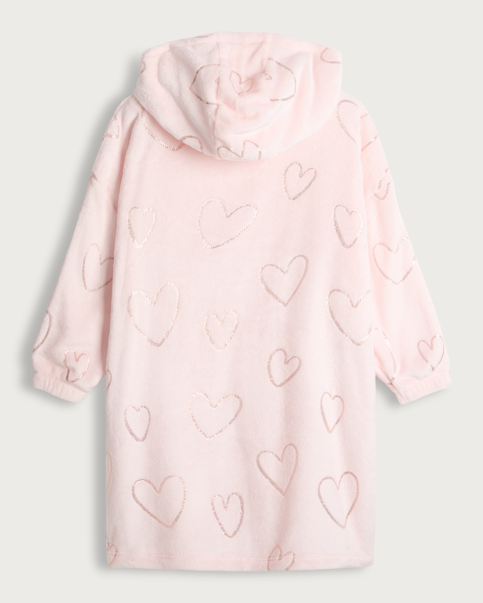 image 1 of F&F Girls Fleece Heart Print Longline Pyjama Hoodie in Multi