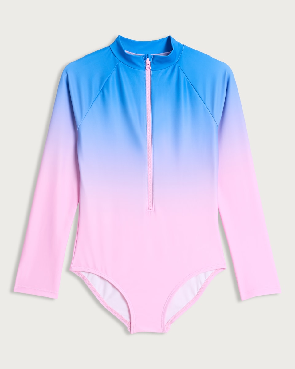 image 1 of F&F Girls Ombré Long Sleeved Swimsuit in Multi Pink