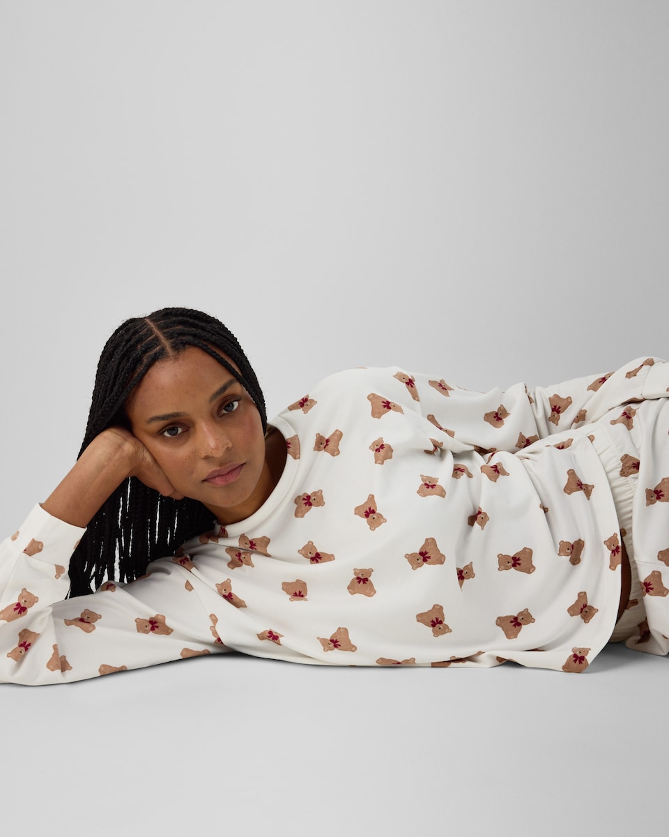 image 1 of F&F Fleece Teddy Bear Pyjama Set in Cream