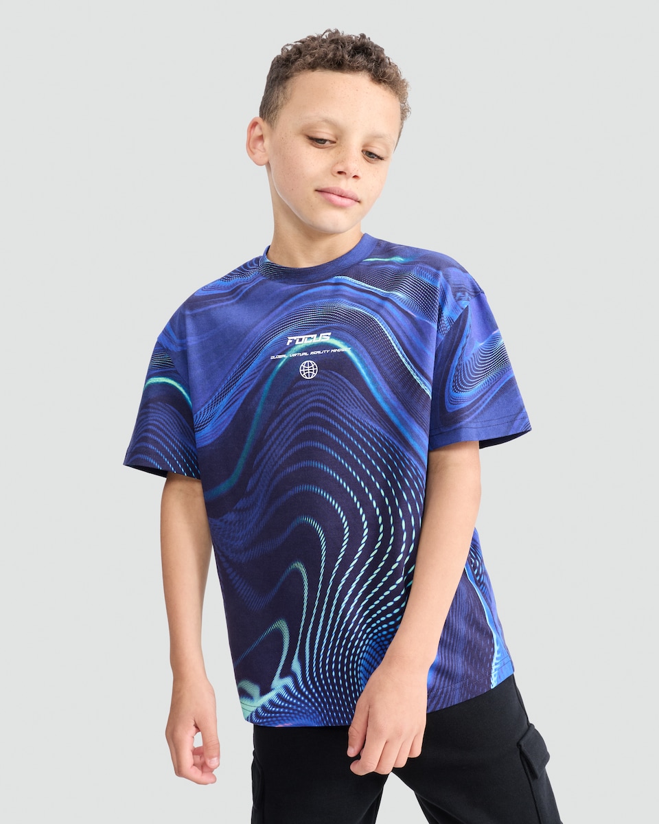 image 1 of F&F Boys Pure Cotton Focus Print Short Sleeved T-Shirt in Navy