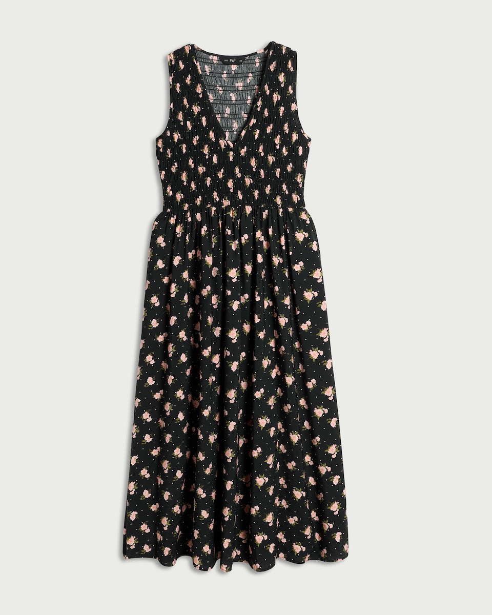 F&F Shirred Floral Midi Dress in Multi Black