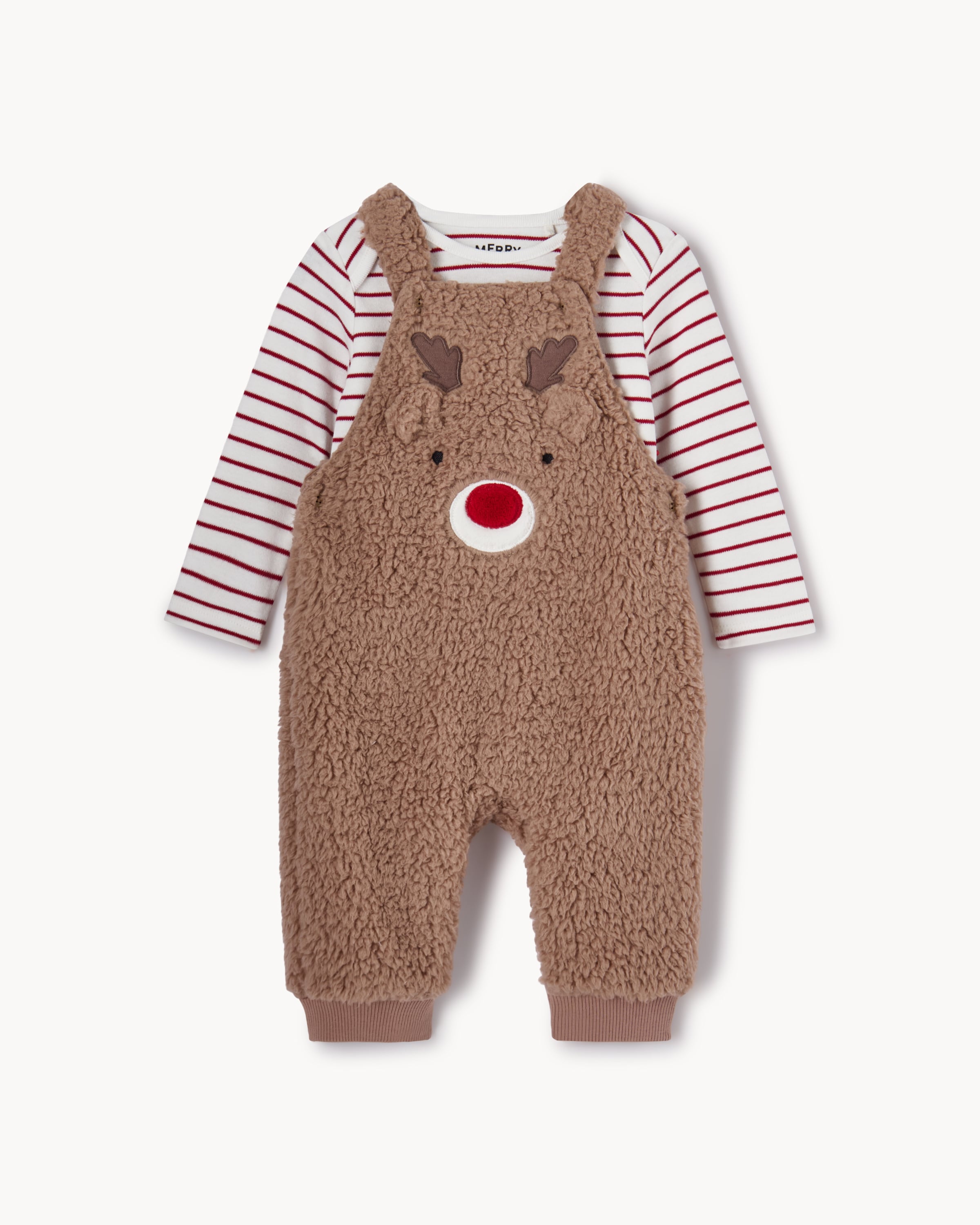 Christmas Baby Borg Reindeer Dungarees and Striped Bodysuit Set in Brown