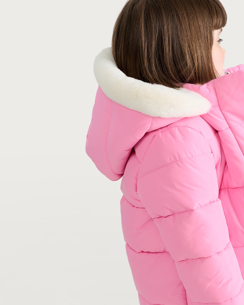image 1 of F&F Girls Fluffy Hood Padded Shower Resistant Jacket in Pink